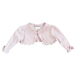 Nannette Baby Pink Knit Cropped Cardigan 12M Lace Detail Long Sleeve Sweater